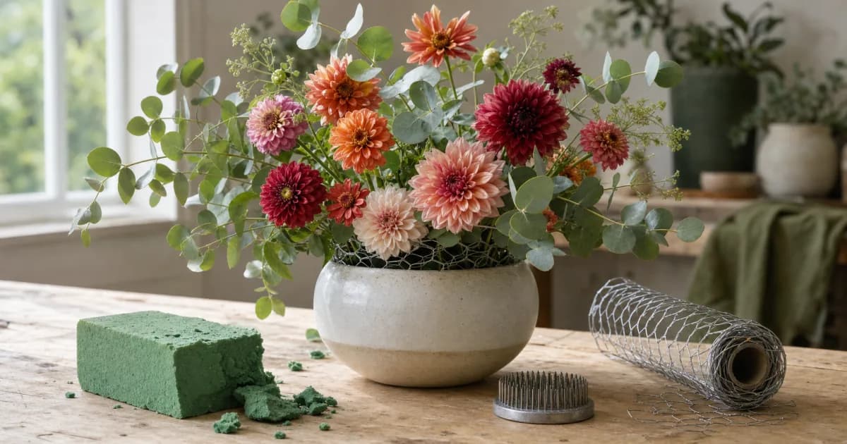 A foam-free flower arrangement in a ceramic vase held with chicken wire, beside a metal pin frog and a crumbling block of green floral foam