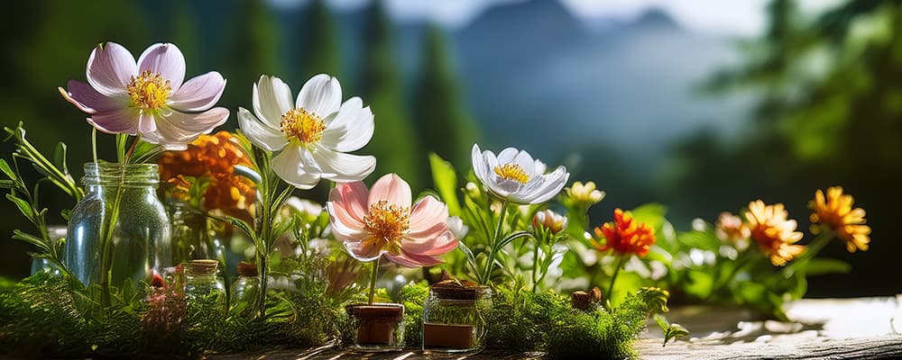 Fresh flowers arranged in glass jars on a mossy surface with sunlit mountains in the background, representing eco-friendly floral choices