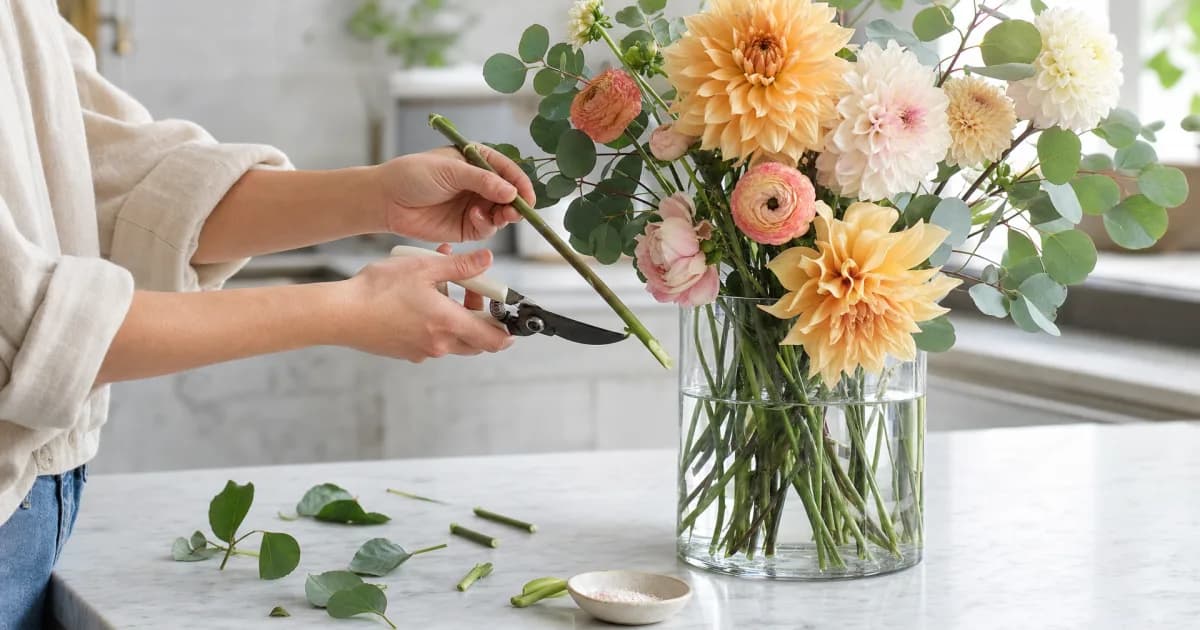 Hands trimming flower stems at an angle over a clean glass vase of fresh seasonal flowers, with a small dish of flower food on a light kitchen counter