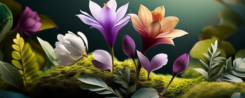 Purple and peach organic flowers growing naturally on a mossy bed, symbolizing pesticide-free organic flower cultivation