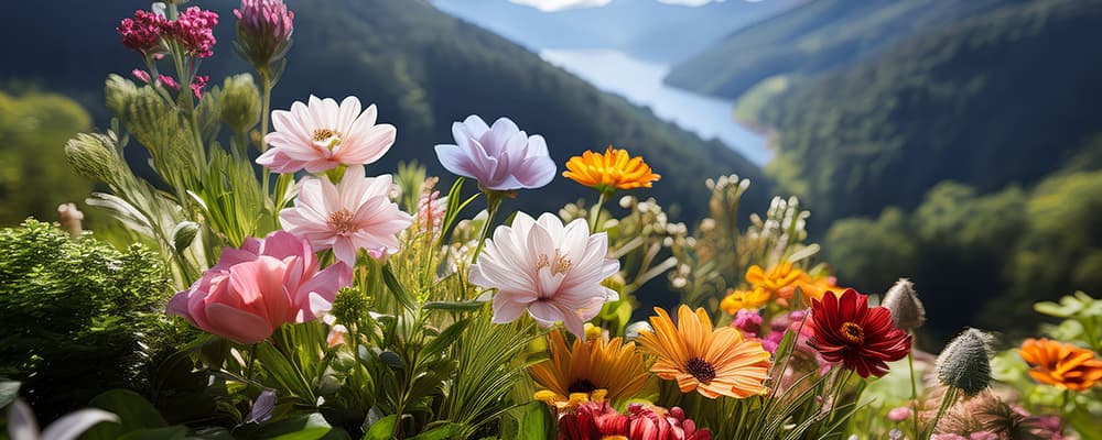 Colorful wildflowers blooming in an American mountain valley with a river, representing locally grown domestic flower farming