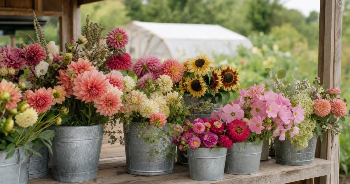Armfuls of locally grown, seasonal eco-friendly flowers in galvanized buckets at a flower farm stand
